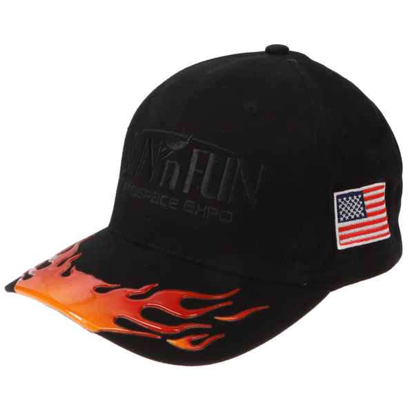 SUN 'n FUN Headwear Black SUN 'n FUN Black Vinyl Visor Structured Cap with Flames w/American Flag Black Embroidery